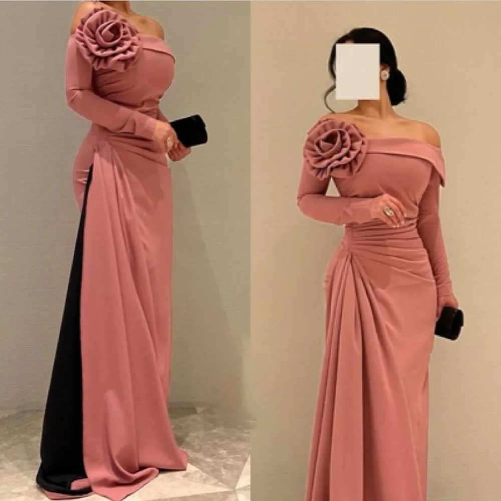 

Satin Straight Off the Shoulder Long Sleeves Floor Length Sweep Train Saudi Arabia Evening Gowns Dresses For Formal Occasions