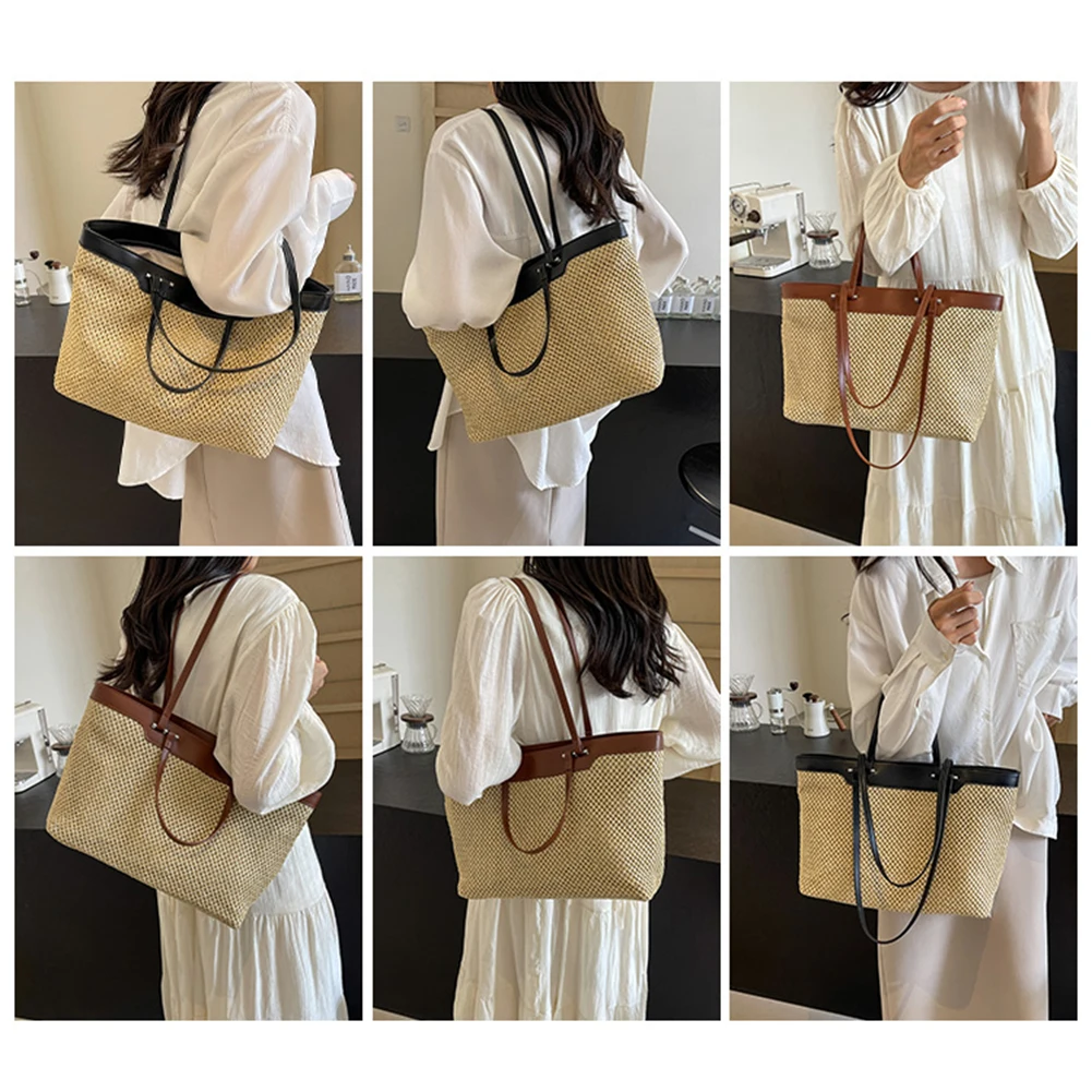 Women PU Woven Tote Bag Fashion Shoulder Bag Large Capacity Weaving Work Bag Stylish Commuting Bag for Party Vacation