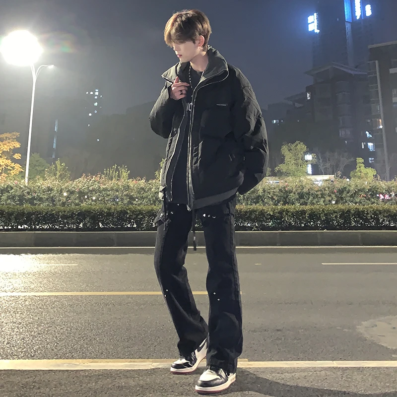 

Мужские джинсы-клеш для весны и осени, в стиле High Street, рабочие, повседневные, прямые брюки с низкой посадкой, на молнии, из денима