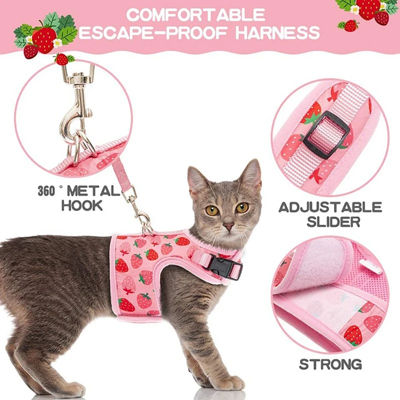 Cat Harness and Leash Set Safe Adjustable Kitten Vest Harnesses Cute Pink Breathable Mesh Jacket Easy Control for Puppy Walking