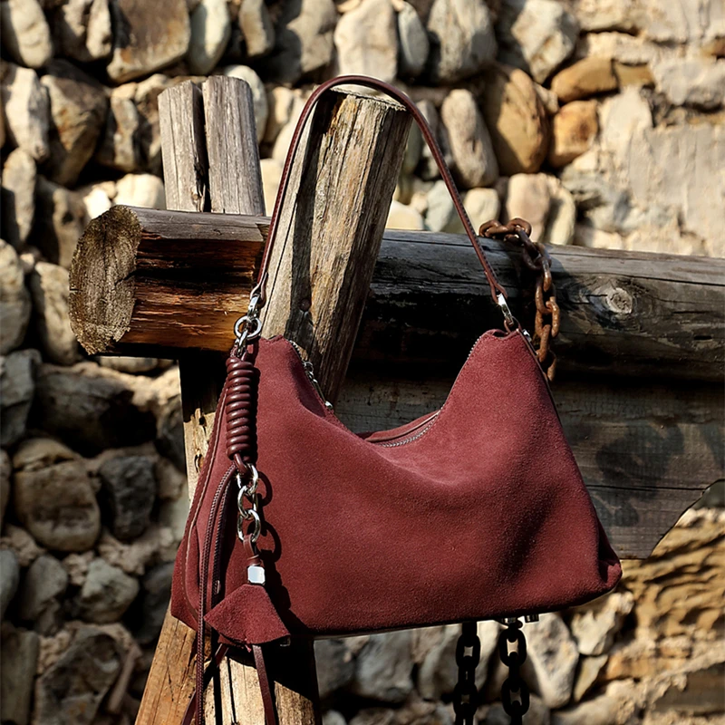 

HIFASHION Genuine Suede Leather Hobo Bags For Women New 2026 Luxury Designer Crossbody Vintage Tassel Underarm Shoulder Handbags