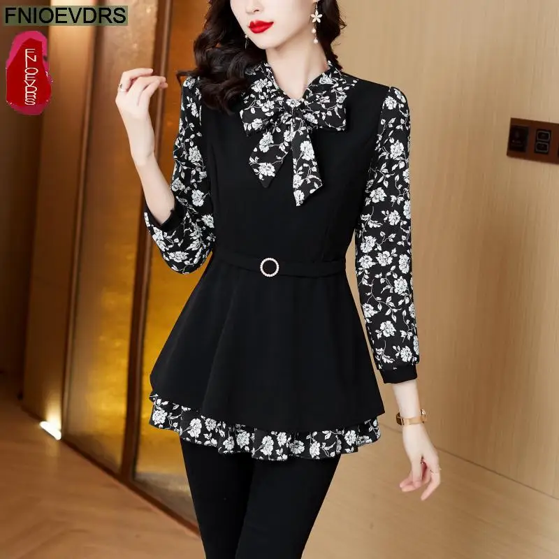 M-5XL Women Elegant Office Lady Retro Vintage Loose Peplum Bow Tie Ruffle Top Flower Floral Print Long Tunic Basic Shirt Blouses