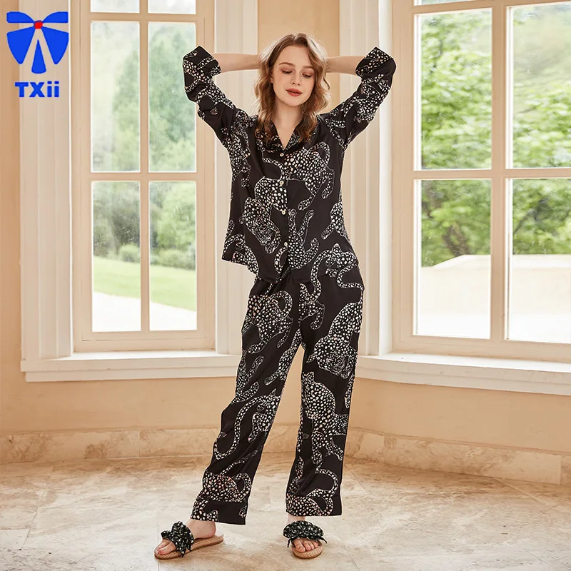 【 black jaguar 】comfortable Ice Silk Pajamas Women High-end Sense ins Style Lapel Spring/Summer Long Sleeve Home Suit 19