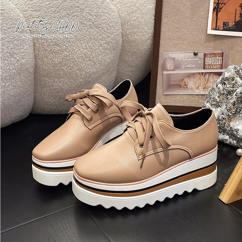 

Nude Color High Platform Derby Shoes Woman Brand Design Strap Sole White Sneakers Ladies Casual Lace Up Creeper Wedge Zapatos