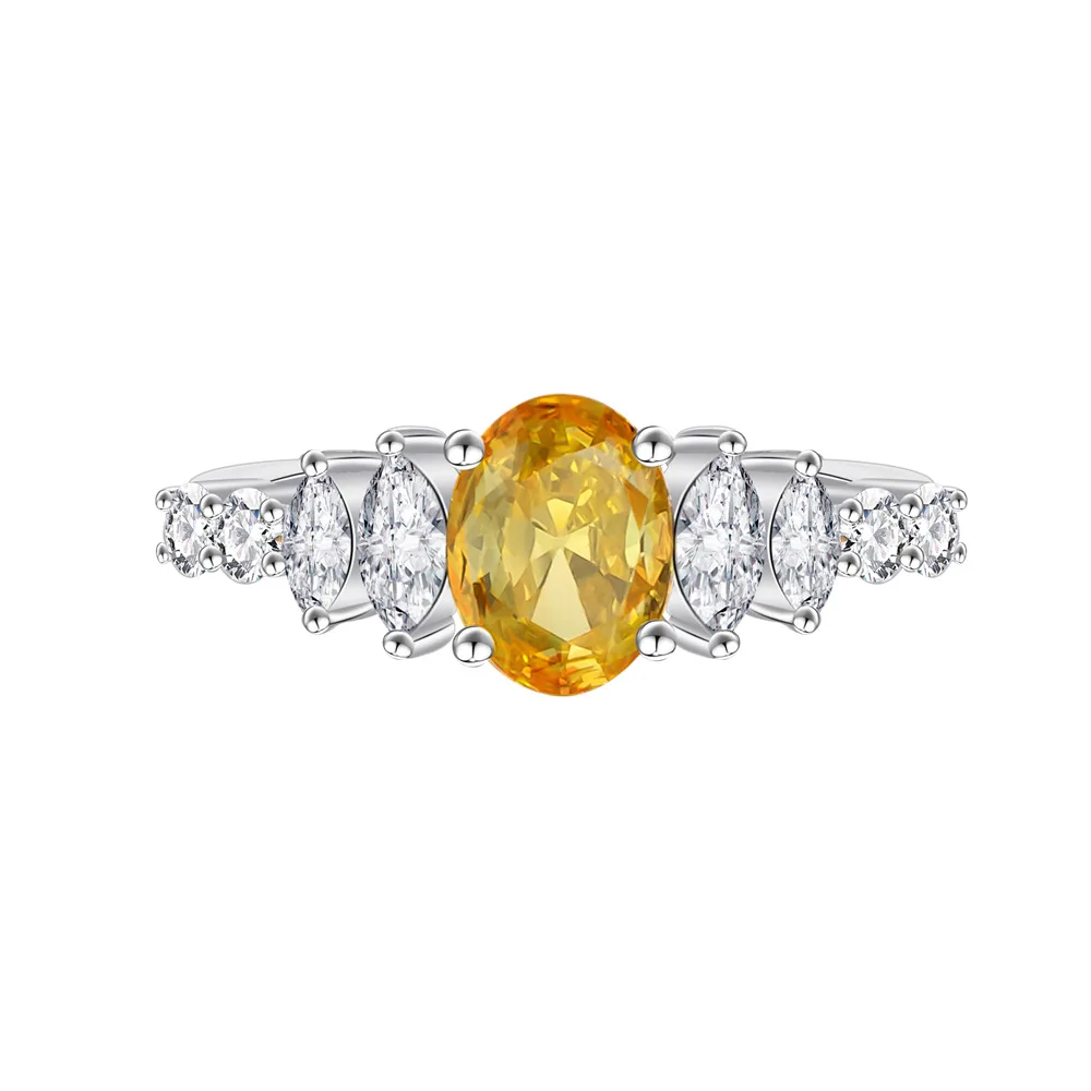 Fashionable New 6 * 8 Egg Shaped Yellow Diamond Ring, Women's 925 Sterling Silver Ring, European and American Jewelry