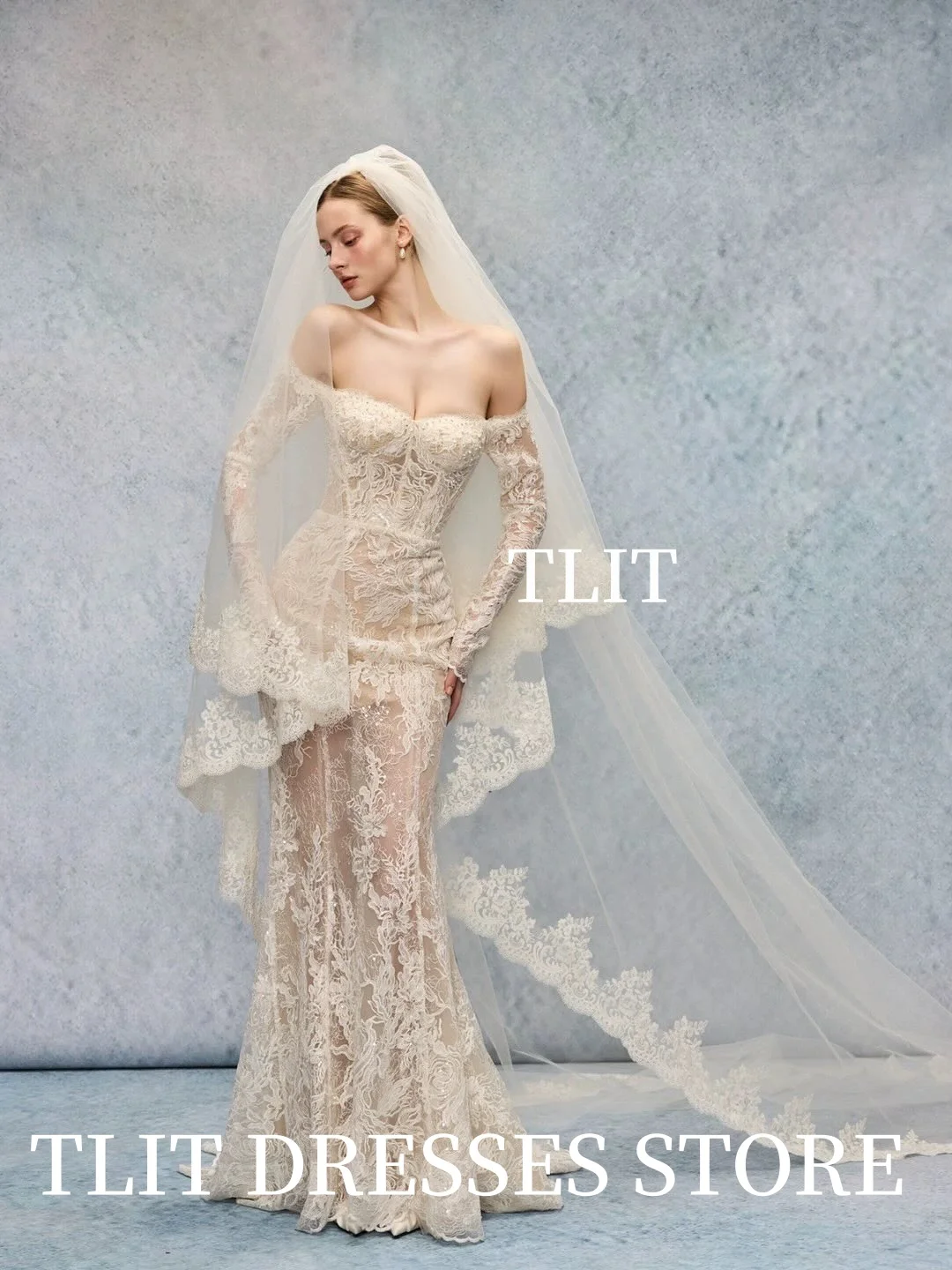 TLIT Luxurious Lace Mermaid Wedding Dresses Customized Strapless  فساتين زفاف Off Shoulder Lace Cuff Bridal Gowns