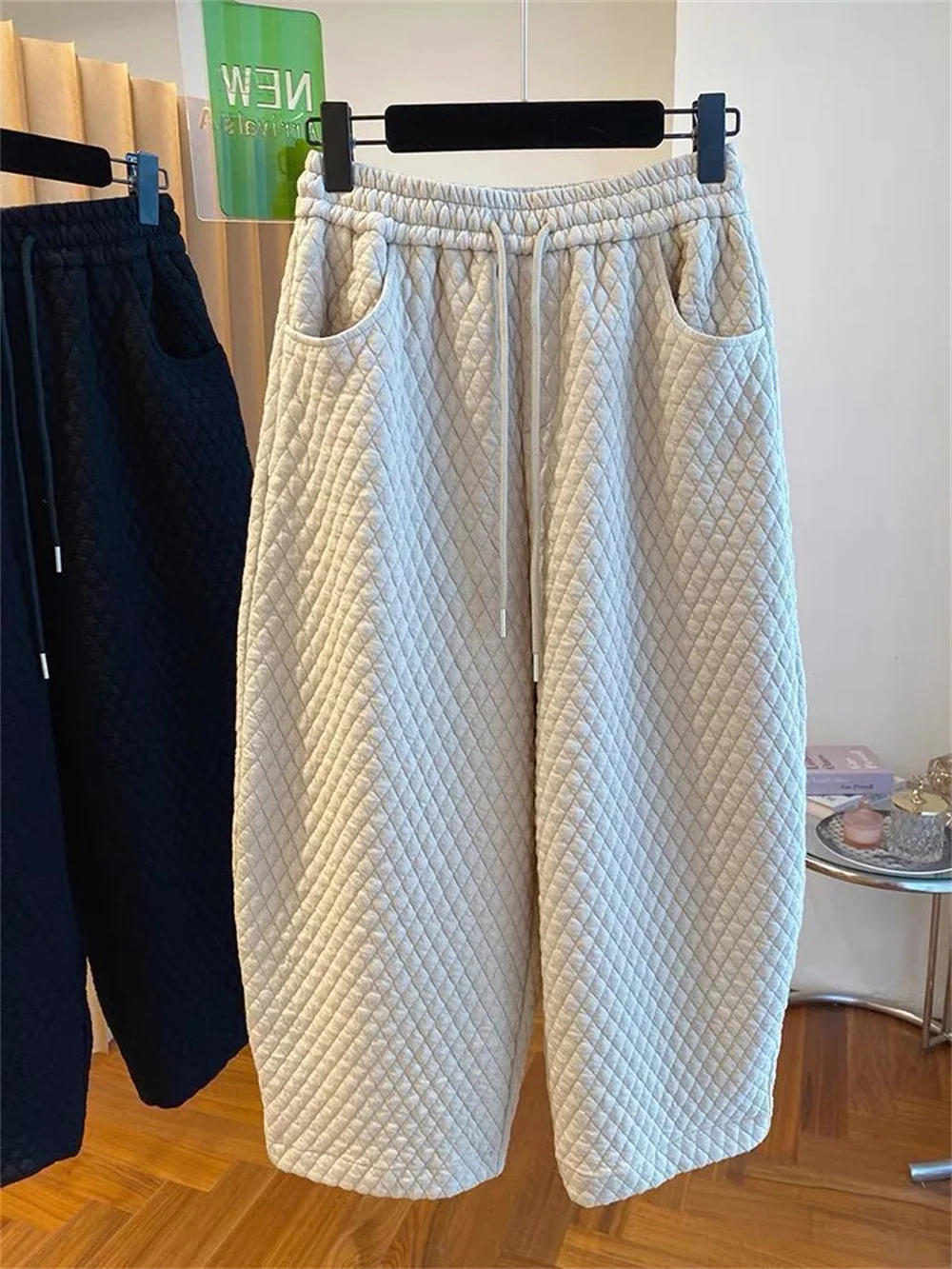 High Waisted Winter Warm Quilted Wide Leg Pants Women Plaid Black Casual Loose Trousers Autumn Elegant Formal Pants Add Cotton