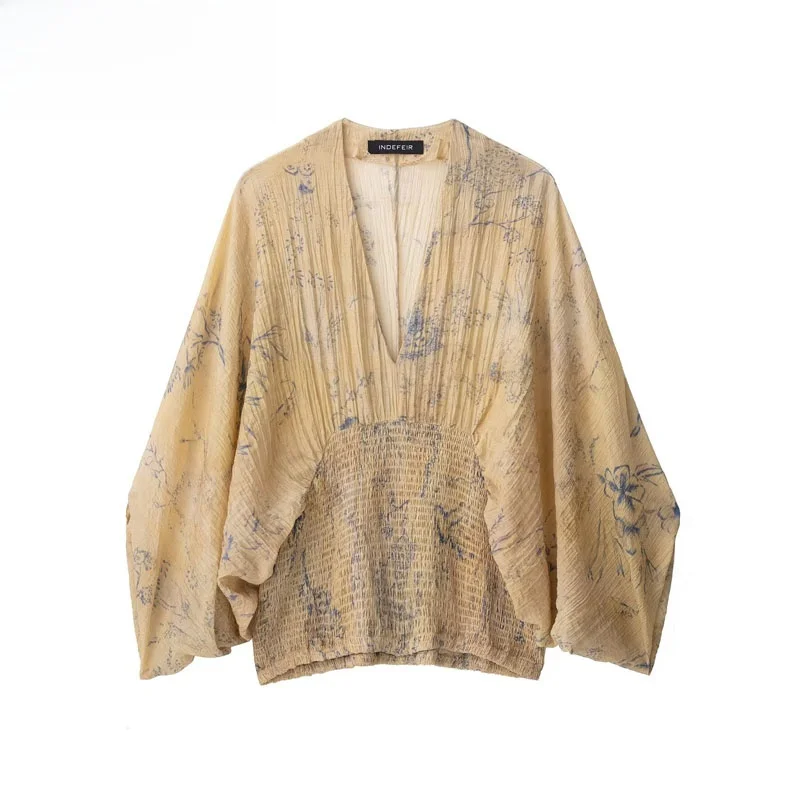 ファイオナブルストリート スレ レディース プリントVネックトップ 新入荷 通気性ポリエステル ロングスリーブ ルーズフィット アウトドアウェア