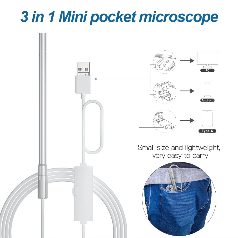 

8MM 5MP 0-200X Continous Focal 3in1 USB Digital Microscope CMOS Borescope Handheld Endoscope Inspection Otoscope For Android PC