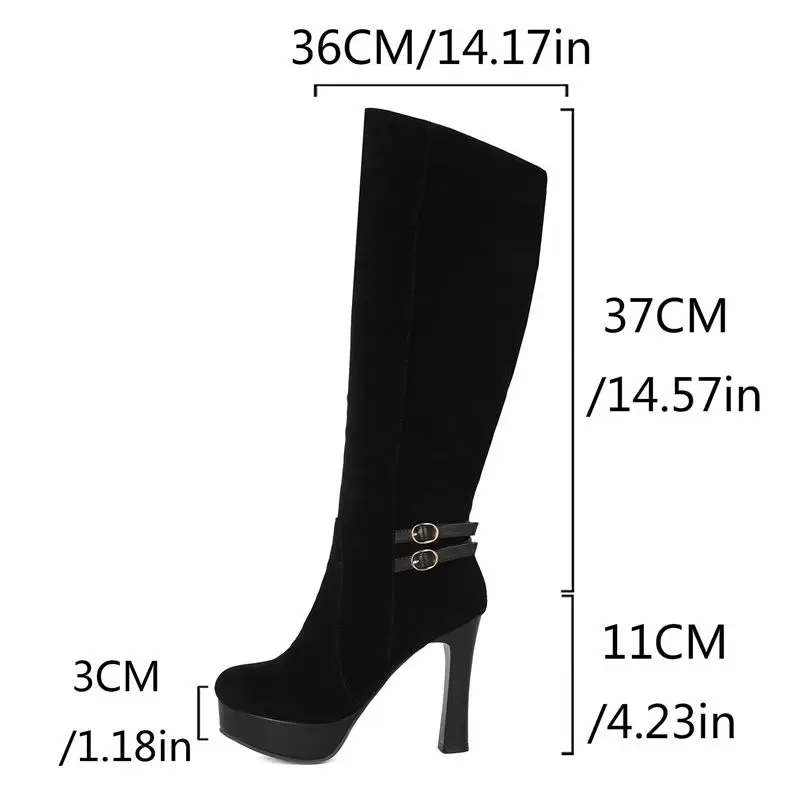 ORCHA LISA Hot Thick Heel Black Women Knee High Boots Round Toe 11cm Block Heels 3cm Platform Zip Belt Large Size 42 43 Winter