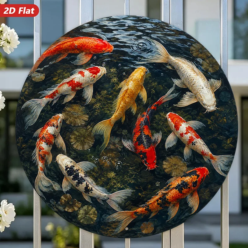 2D Flat, [2D Flat] 2D Flat Print 1pc Round Metal Iron Sign Wall Art, Koi Fish Art/Underwater Scene/Realistic Style/Asian-Inspire
