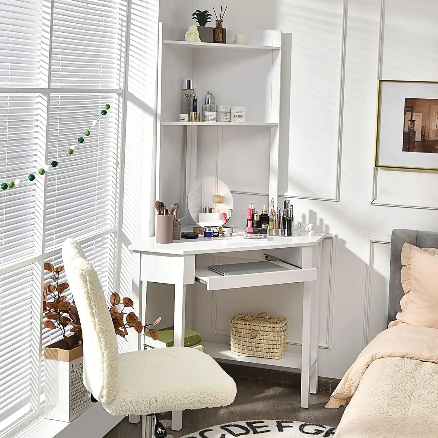 White corner table with handles, 90 degree triangular computer desk with keyboard tray and bookshelf, suitable for small spaces