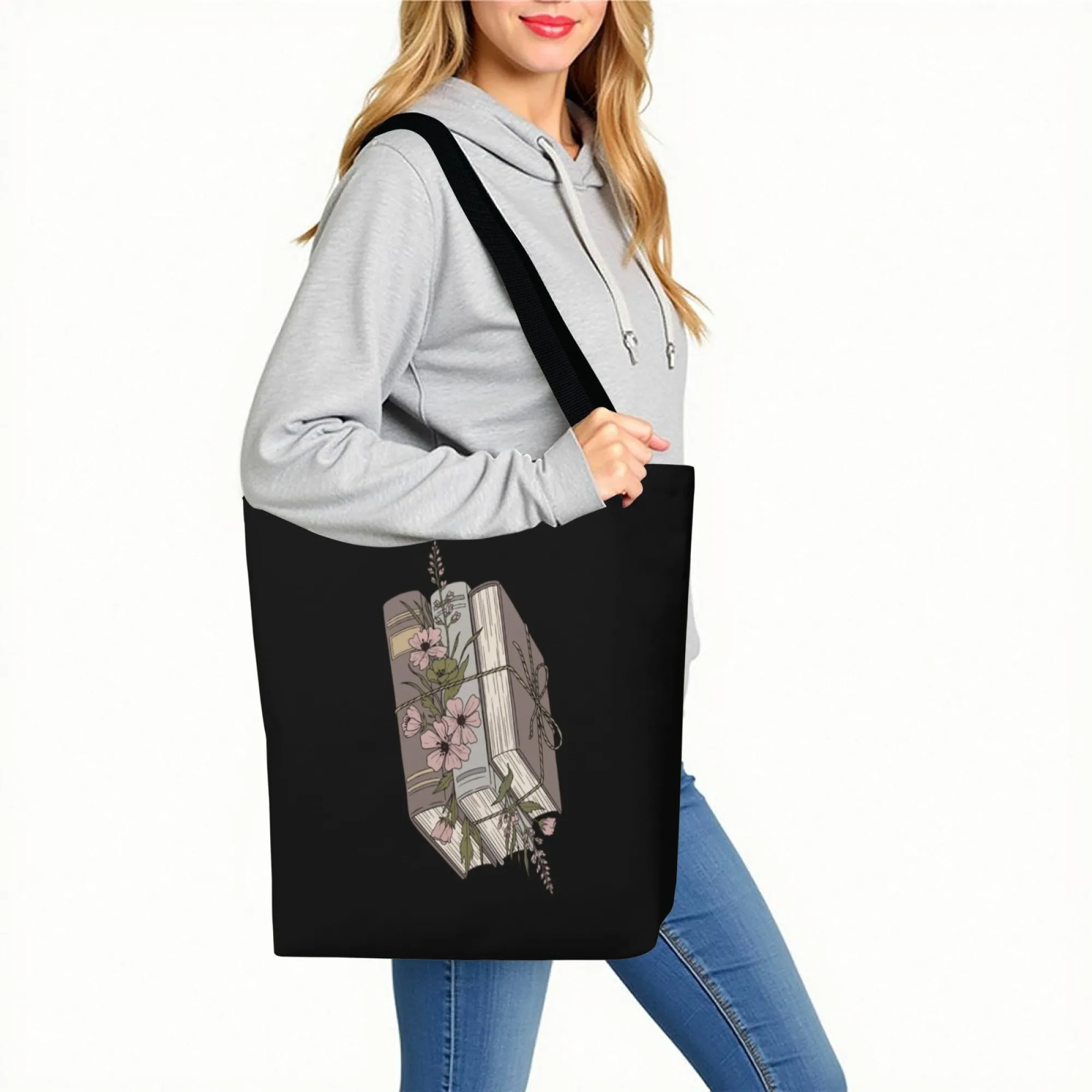 حقيبة كتف قماشية سوداء أدبية للكتاب وحقيبة كتف بتصميم زهور للنساء حقيبة تسوق صديقة للبيئة لزيارات مكتبة الكتب المدرسية وغير الرسمية #1