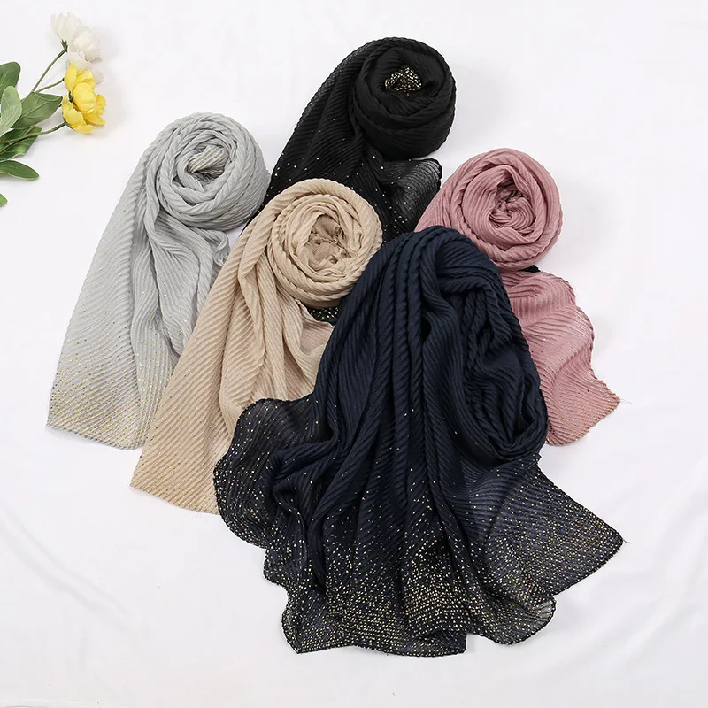 Muslim Dubai Türkiye 2024 New Solid Gold Stamping Wrinkle Hijab Scarf Elastic Polyester Light Luxury Versatile Headband Women