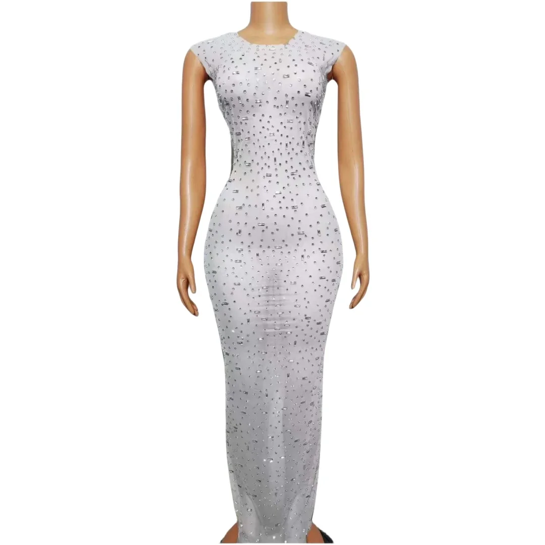 Mouwloze stretch strass lange jurk voor dames nacht avondfeest verjaardag koningin outfit zanger vieren prom witte jurken