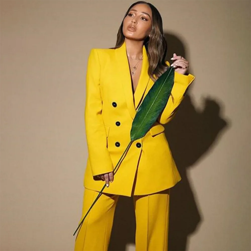 

Fashion Chic Bright Yellow Women's Suit Double Breasted 2 Piece Jacket Pants Female Blazer Luxury Office Lady Female Clothing