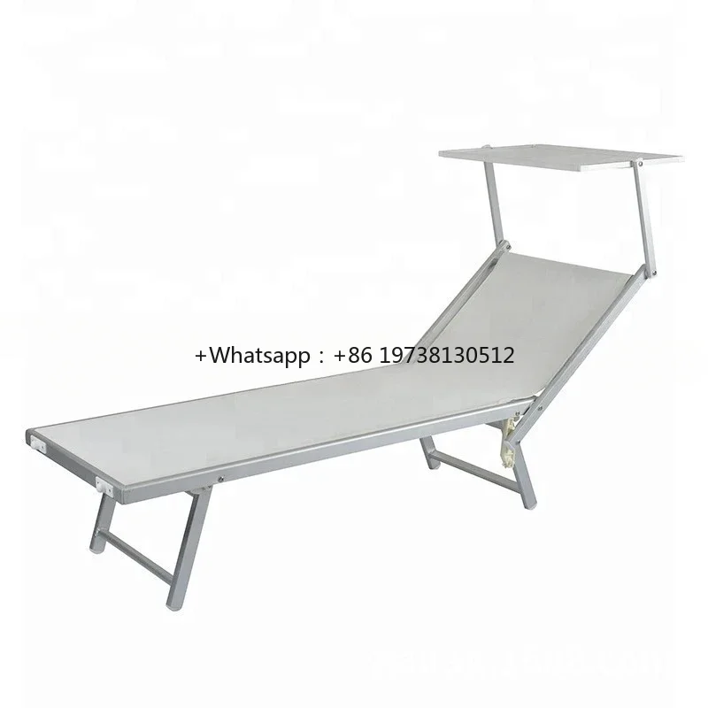Outdoor Single Aluminum Tube Chair Sun Lounger Beach  Awning Adjustable Back Rest  Sunshade Canopy Garden Folding Bed