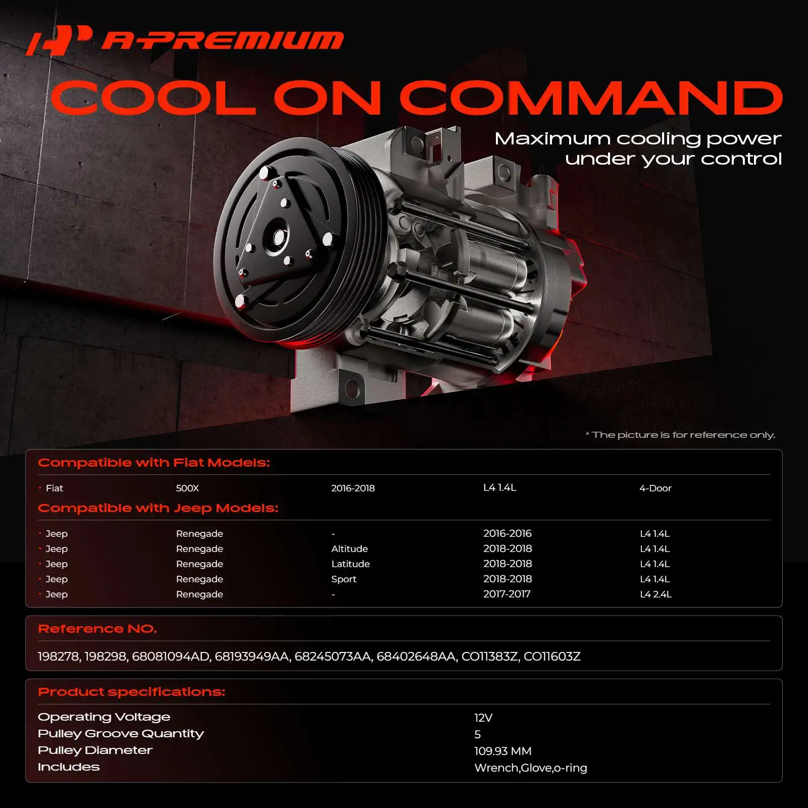 A-Premium AC Compressor with 5-Groove Pulley & CVC Style for Jeep Renegade 2016-2018 Fiat 500X 2016-2018