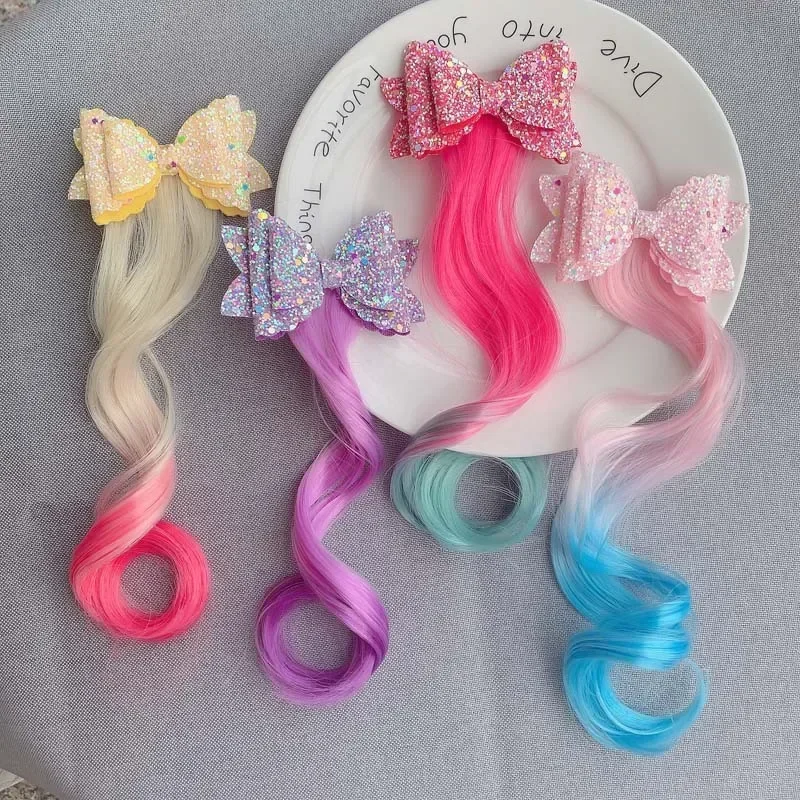 Hot Bows Princess Hair Clips Ties Girls Colorful Wigs Unicorn Ponytail Hair Clips Headwear Braid Kids Gift Accessories