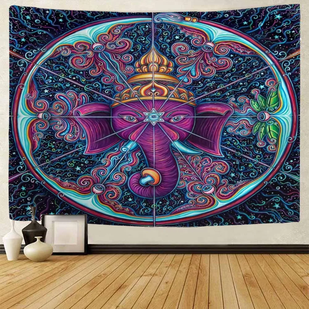 3D mural, elephant print, tapestry, mandala geometry, fractal art, wall hanging, bohemian hippie background, home decoration
