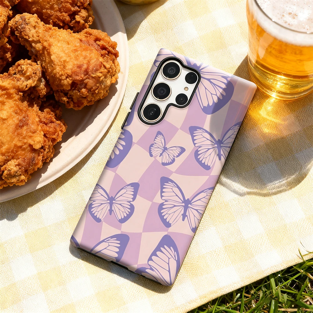 حافظة هاتف على شكل فراشات أرجوانية لهاتف سامسونج جالاكسي S25 Ultra S24 S23 Ultra Plus غطاء خلفي لامع بطبقة مزدوجة #4