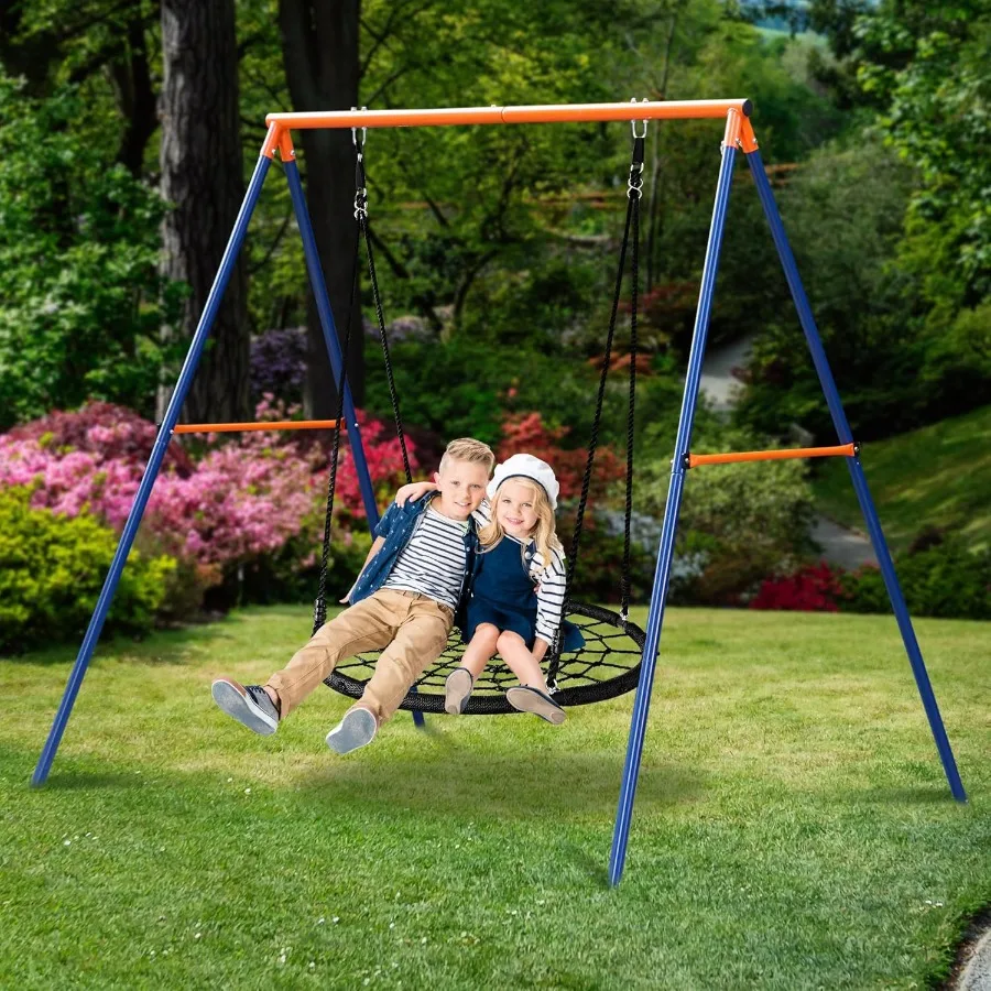 SUPER DEAL Spider Web Tree Swing Set with Stand Combo 40 Web Swing and Heavy Duty A-Frame Metal Swing Frame Resilient and Resis