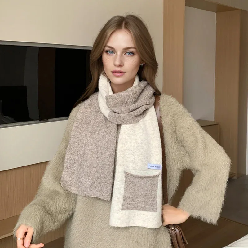 

New Knitted Wool Scarf Autumn/Winter Outdoor Women's Pocket Fashion Multi functional Travel Thickened Warm Rectangular Neck