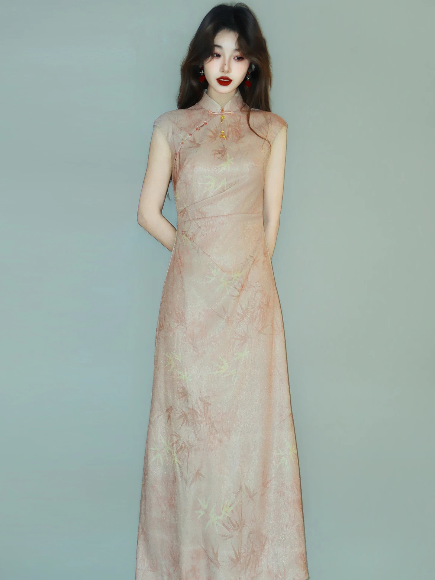 

Pink Floral Embroidery Young Sle Double Layered New Chinese Sle Breathable Long Dr High Slit Polyester Fiber