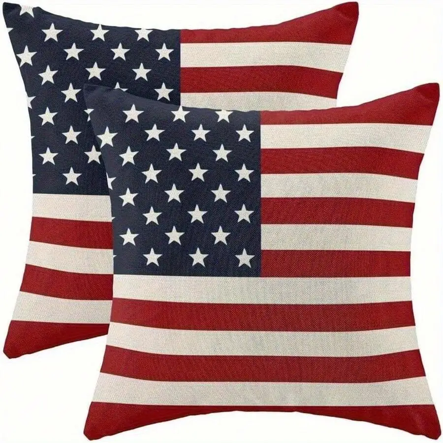 

2D Flat 2Pcs 18x18 4th of July Pillow Covers, American Flag Patriotic Cushion Case for Farmhouse Sofa Home Outdoor Decor