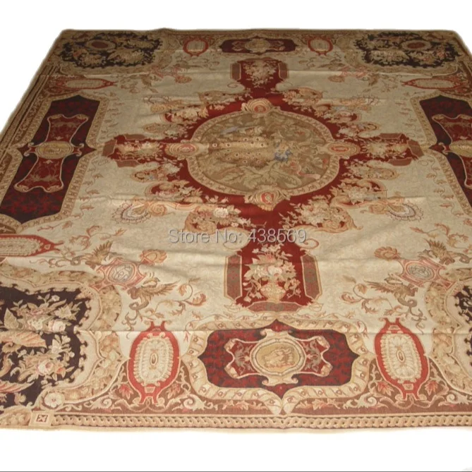 

Free shipping 9'x12' French Aubusson rugs beige madallain design PEAPOCK IN THE MIDDLE