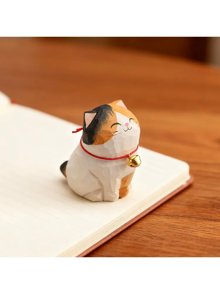 Figurine décorative en bois de chat mignon, statue de chaton, chat calico à dégradé doré, décoration pour la maison, le bureau, la voiture, cadeau