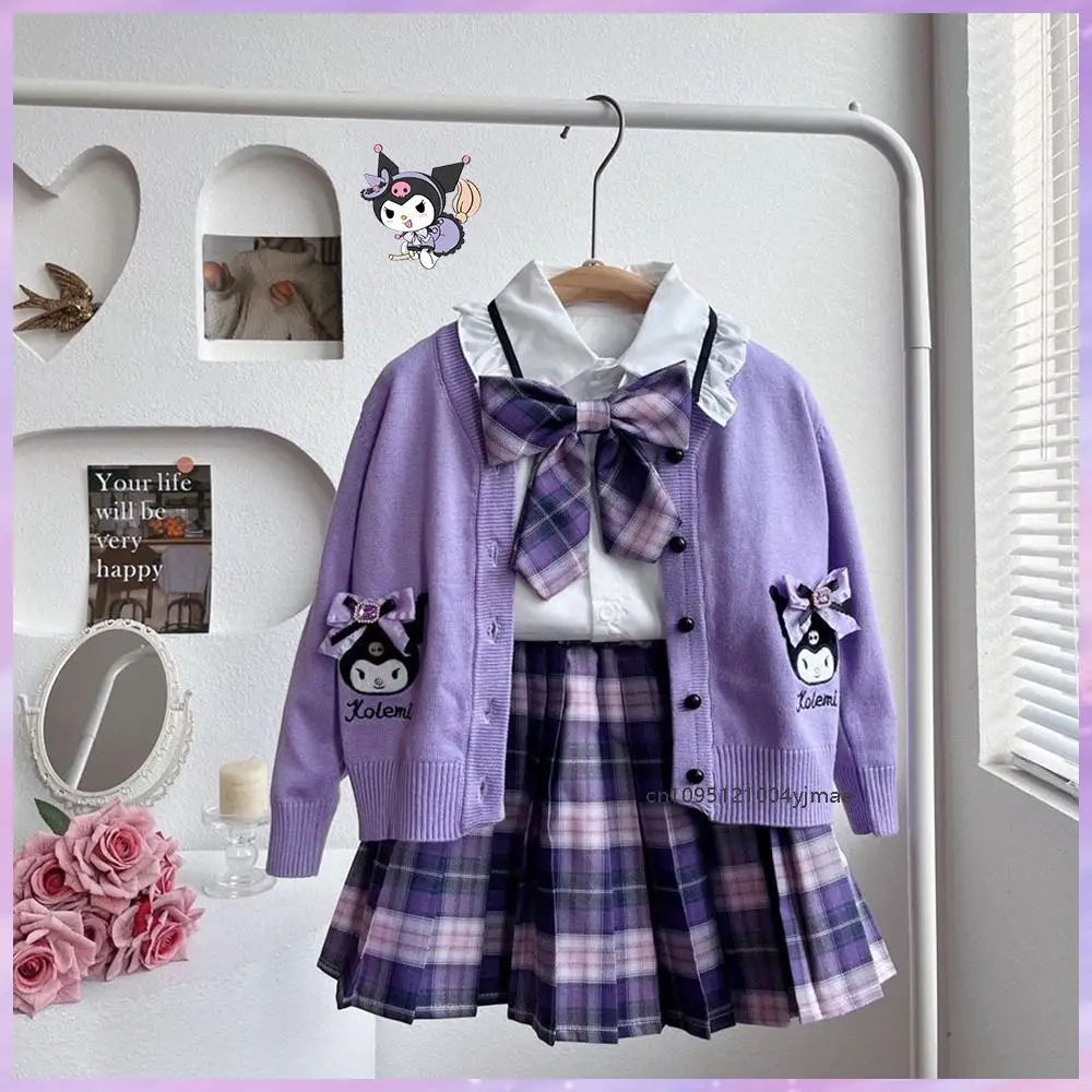 

Комплект из 3 шт. Kuromi My Melody для девочек в клетку Jk Y2K, кардиган, плиссированная юбка, детский весенне-осенний комплект в студенческом стиле