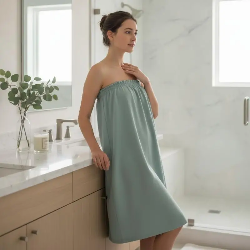 Absorbent Fabric Solid Color Bath Skirt Round Neck Wrap Top Special Salon Style For Home Robe Use