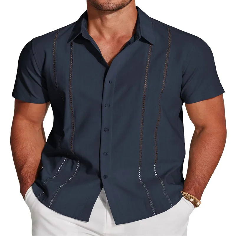 

2024 New Casual Cuban Guayabera Shirt Men's Short Sleeve Camping Collar Shirt Mexican Cigar Wedding Beach Shirt