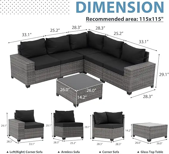 6 Piece Outdoor Patio Furniture Set - Wicker Sofa with Coffee Table, Powder-Coated Frame & Handwoven PE Rattan