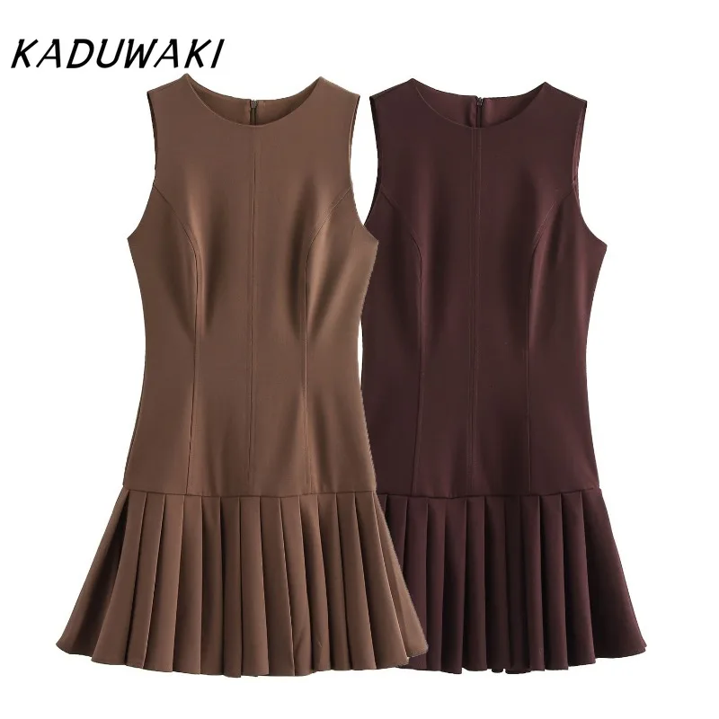 KADUWAK Chic Retro Round Neck Sleeveless Wide Pleated Mini Robe Classic Simple Style Waisted Pleated Line Maxi Dresses for Women