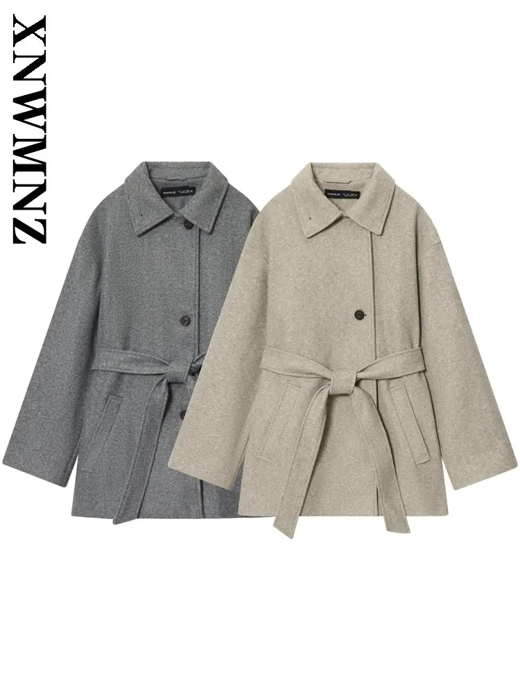 

XNWMNZ 2025 осеннее новое женское простое шикарное твидовое пальто с длинными рукавами для поездок на работу, винтажное зимнее женское повседневное толстое пальто с отложным воротником