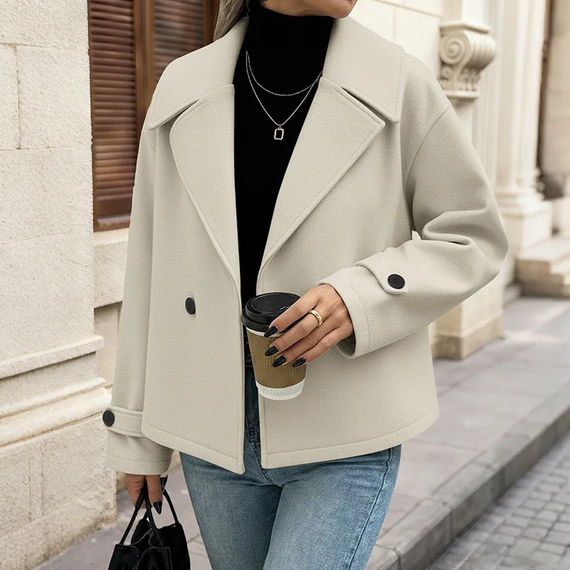 

2025 Autumn and Winter New Versatile Casual Simple Style Short Coat Double Breasted Solid Color Woolen Coat