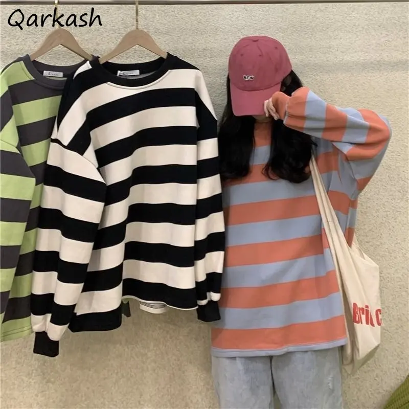 

American Retro Sweatshirts Women Autumn Striped Loose BF Fashion Lazy Style Casual All-match Cool Unisex Street Wear Popular Ins