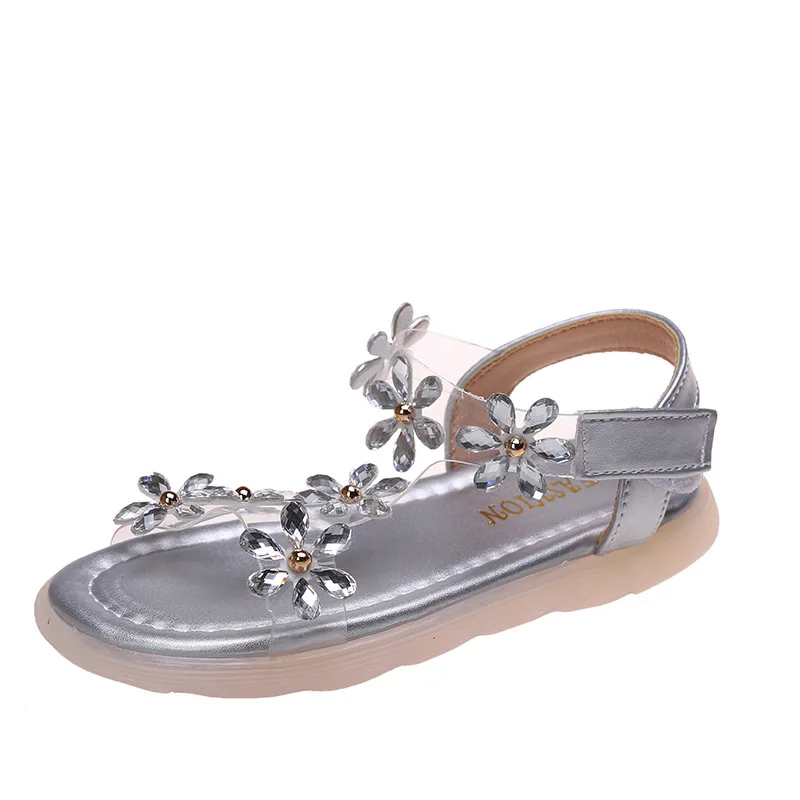 Baby Girl Sandals Crystal Bling Diamond Flower Princess Dance Shoes 2021 Summer Small Big Kids Party Shoes1-3-4-6-7-12 Years Old