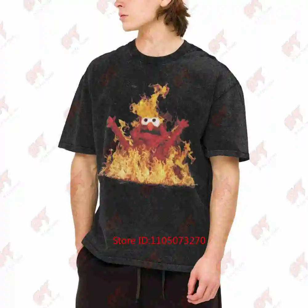 Hellmo Rise Meme Firey Elmo Viral Vintage Washed Tee Pure Cotton T-Shirt