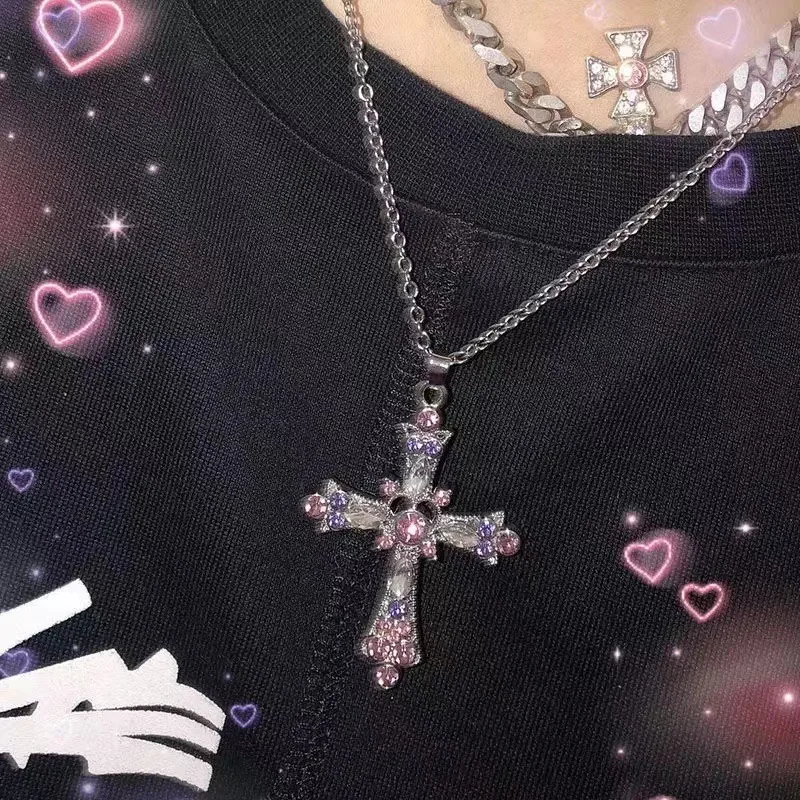 Fashion Pink Crystal Cross Pendant Necklace for Women 2023 Trendy Girl Bling Crystal Chain Necklace The Spice Girl Party Jewelry