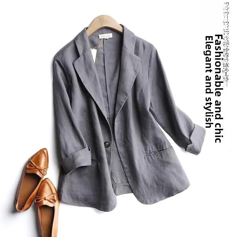 Women's Cotton Linen Short Jacket Korean Style Seven Sleeve Business Casual Shirt Slim Fit One Button Pure Color Outerwear