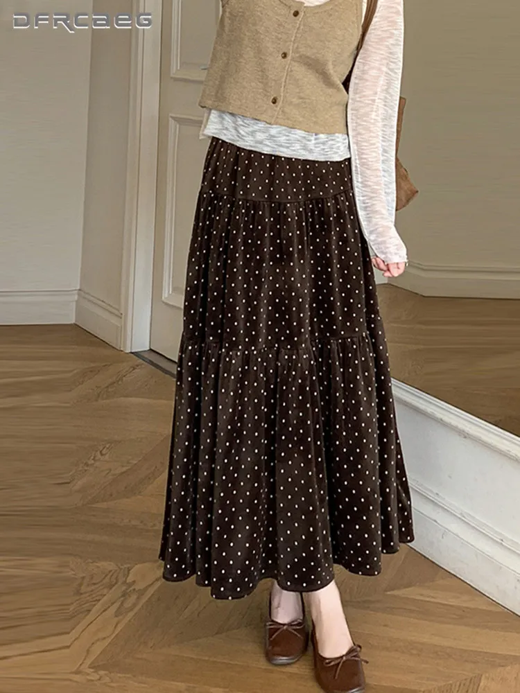 

Korean Style French Printed Polka Dot Suede Long Skirt For Woman Elastic Waist Casual Big Swing Warm Winter Midi Skirts Lady