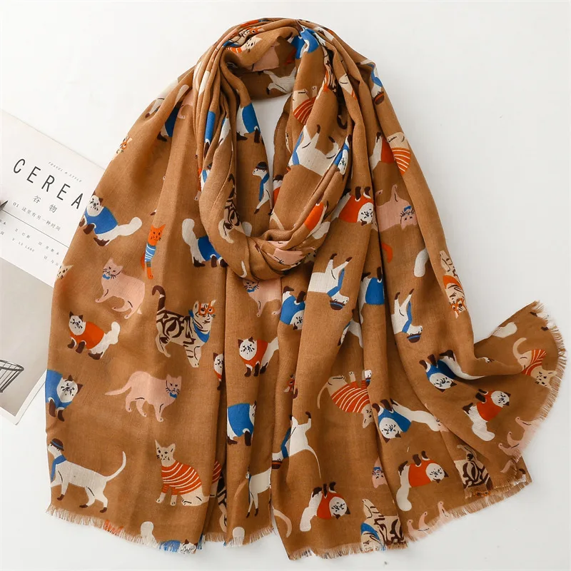 Lovely Cartoon Cat Pattern Fringe Viscose Shawl Scarf Lady Girls High Quality Wrap Pashmina Stole Bufandas Muslim Hijab 180*90Cm