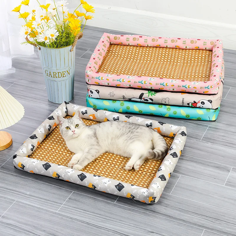 Pet Cat Bed Mat Rattan Woven Cat Sleeping Mat Sofa Bed Summer Pet Cooling Mat for Small Dog Cats Kitten Puppy Beds Cushion