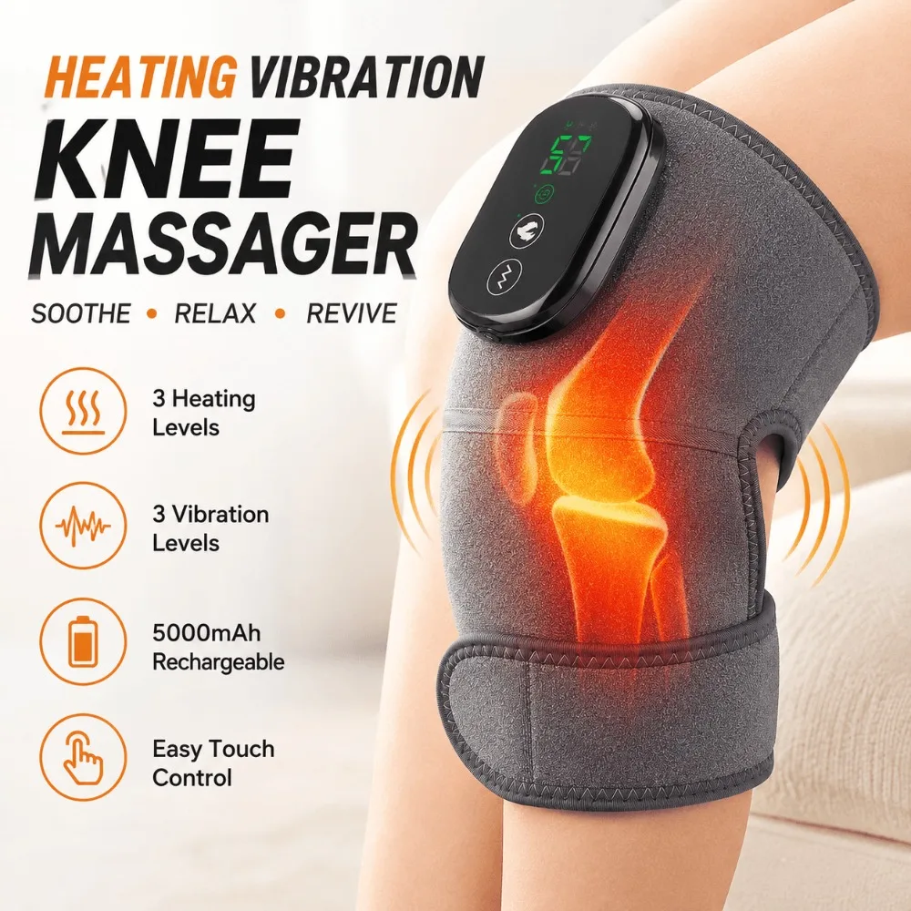 Electric Heating Knee Massager, 3 in 1 Shoulder Elbow Knee Vibration Massager,5000mAh large-capacity, for Men Women Home Office