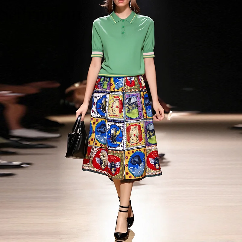 

Seifrmann Green Tencel Knitted Shirt Colorful Half Skirt Set
