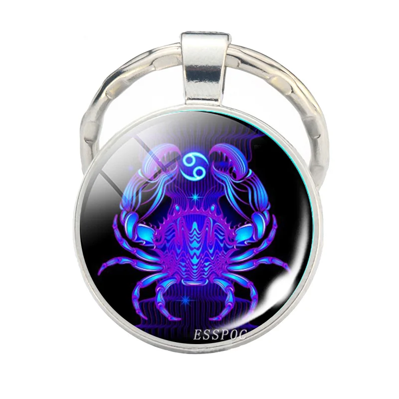 12 Zodiac Sign Scorpion Lion Glass Metal Keychain Women Men Couples Keychain Car Key Holder Rings Fashion Astrology Gifts