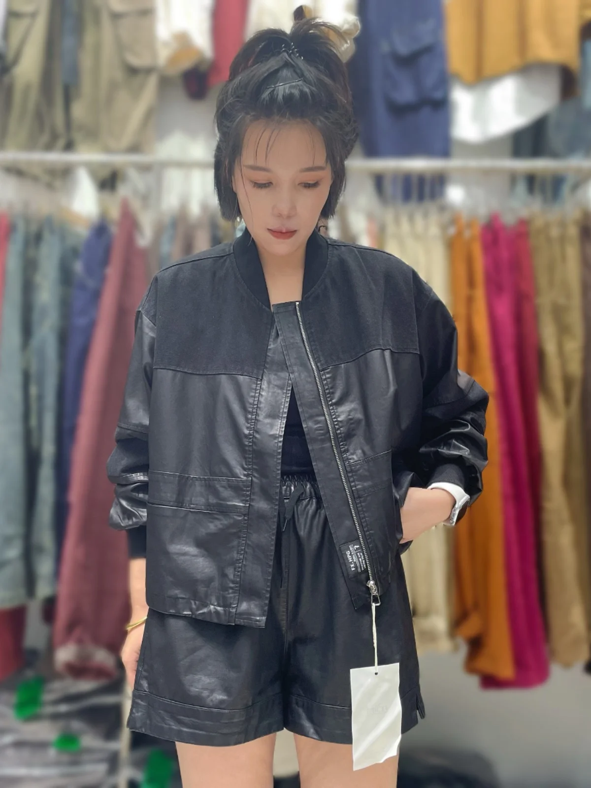 

Faionable Simple Loose ort Jaet из искусственной кожи, женская весенняя новинка, длинная молния из синтетической кожи для поездок на работу